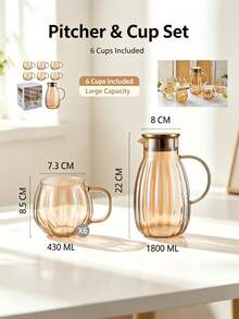 Amber Ribbed Glass Pitcher And Cup Set,1800ML Large Capacity Water Carafe With Gold Lid,6Pcs 430ML Transparent Glass Mugs,Heat-Resistant Beverage Jug For Tea, Juice, Cold Water,Home Tabletop Drinkware For Kitchen & Party - Multicolor - View 5