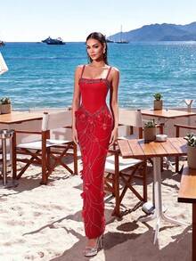 Women's Elegant Spaghetti Strap High Waist Beaded Rhinestone Petal Bandage Dress - Red - View 3