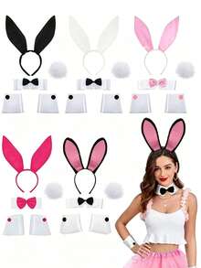 Halloween 5pcs/Set Black/White/Pink/Magenta/Black-Pink Rabbit Ear Headband & Bowknot & Rabbit Tail Decoration Set, Bunny Party Decoration Set, Holiday Party Decoration Set, Photo Decoration Set, Suitable For Halloween, Holiday Party, Bunny Party, Photo Decoration Props - Multicolor - View 1
