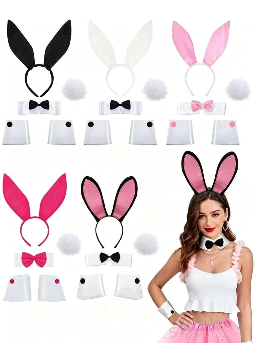 Halloween 5pcs/Set Black/White/Pink/Magenta/Black-Pink Rabbit Ear Headband & Bowknot & Rabbit Tail Decoration Set, Bunny Party Decoration Set, Holiday Party Decoration Set, Photo Decoration Set, Suitable For Halloween, Holiday Party, Bunny Party, Photo Decoration Props - Multicolor - View 1