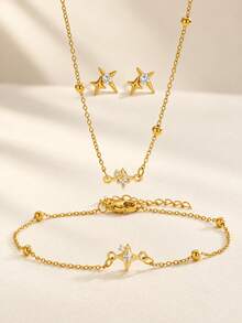 4pcs Gold Star Bead Necklace Bracelet Earrings Set Girls Jewelry, Delicate & Shiny, Suitable For Birthday Party And School Wear - Gold - View 1