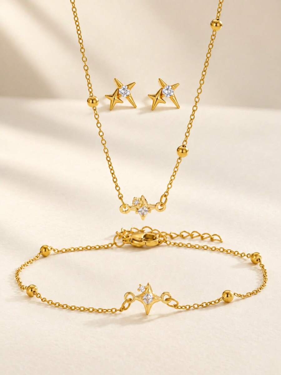 4pcs Gold Star Bead Necklace Bracelet Earrings Set Girls Jewelry, Delicate & Shiny, Suitable For Birthday Party And School Wear - Gold - View 1