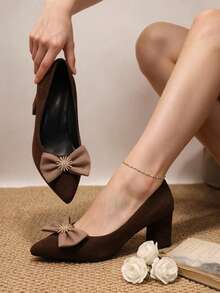 Women's Suede Pointed Toe Chunky Heel Pumps With Contrast Bow And Rhinestone Decor - Brown - View 2