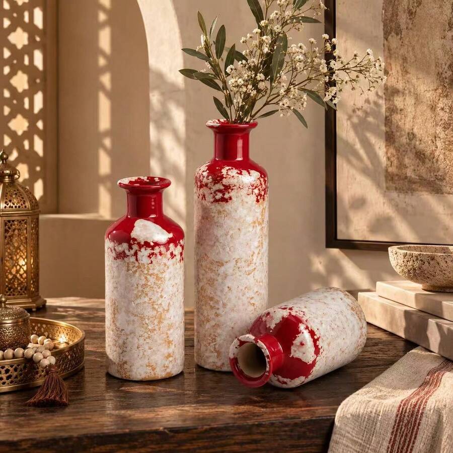 3 buah Vas Dekoratif Keramik Buatan Tangan, Vas Glasir Reaktif Merah Krem, Dekorasi Rumah Modern yang Hangat, Cocok untuk Ruang Tamu, Meja di Lorong, Rak, Ruang Makan, Hadiah Pindah Rumah