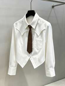 Lady Delivery Tie Plain Simple Basic White Long-Sleeve Shirt, Irregular Hem, Autumn And Winter Inner Wear College Style Daily Casual Out-Of-Town Top - White - View 7