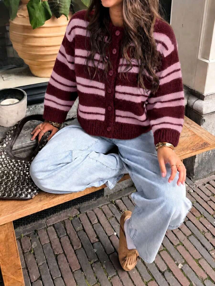 Women's New Autumn/Winter Striped Crew Neck Long Sleeve Knit Top For Commute - Jujube Red & Peach Pink - View 1