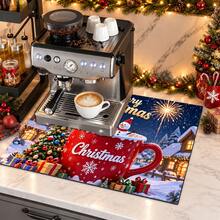 1pc Christmas Themed Printed Pattern Dish Drying Mat, Kitchen Countertop Bowl & Plate Rubber Bottom Drying Pad, Party Decoration, Super Absorbent Hidden Stain Dish Drying Mat, Soft Diatomaceous Earth With Rubber Backing Multi-Functional Kitchen Home Mat, Quick Dry Mat For Coffee Machine & Dish Rack, Kitchen Countertop Coffee Mat & Dish Drying Pad - LL LSD028 - View 3