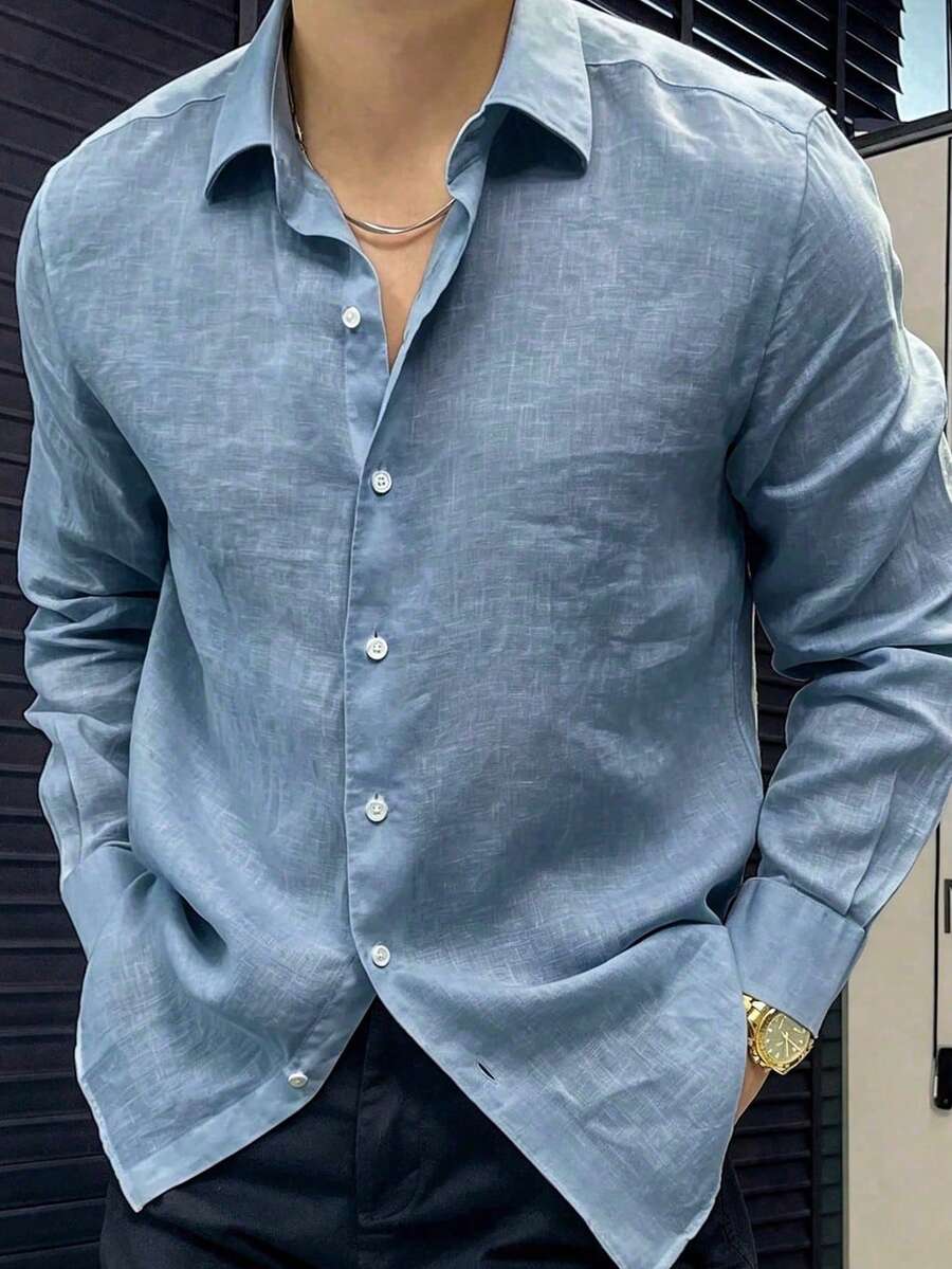 Men's New White Classic Casual Long Sleeve Shirt, Fashionable Outdoor Shacket - Blue - View 1