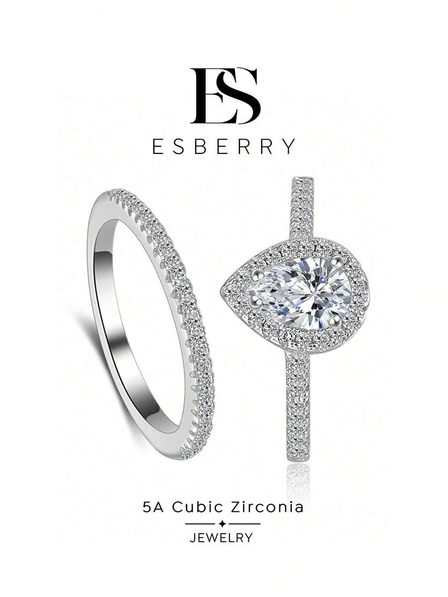 ESBERRY 2件組高光澤立方鋯石水滴裝飾婚戒，女性情人節禮物，訂婚新娘珠寶