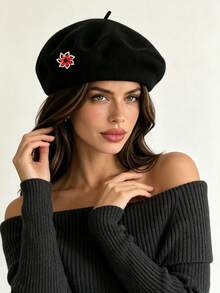 1pc Fashion Classic Warm Solid Color Beret Hat Painter Cap Flower (Detachable Accessory) - Black - View 3