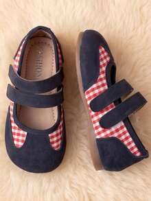 Infant Soft Sole Mary Jane Flats, Navy Suede Plaid Patchwork, Double Hook And Loop Round Toe Non-Slip Baby Shoes - Navy Blue - View 4