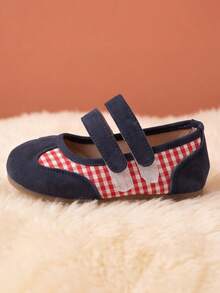 Infant Soft Sole Mary Jane Flats, Navy Suede Plaid Patchwork, Double Hook And Loop Round Toe Non-Slip Baby Shoes - Navy Blue - View 6