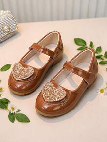 1 Pair Girls Brown Mary Jane Flat Shoes, Suitable For Spring Summer Autumn Winter Seasons, Decorated With Glitter And Heart Elements, Adjustable Hook & Loop Closure, Soft Sole, Princess Style, Suitable For School, Party, Daily Life, Play And Other Occasions - Brown - View 6