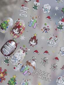 1 Sheet Christmas Nail Art Stickers, Cute Santa Hat Cat Dog Snowman Xmas Tree Designs, Winter Holiday Manicure DIY Decals Decoration - Multicolor - View 6