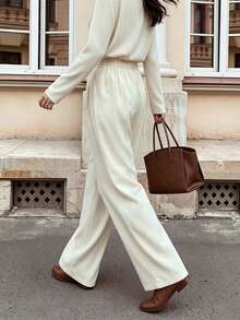 Fall Women High Waist Pleated Wide Leg Pants, Elastic Back Waist Casual Trousers With Pockets - Apricot - View 2