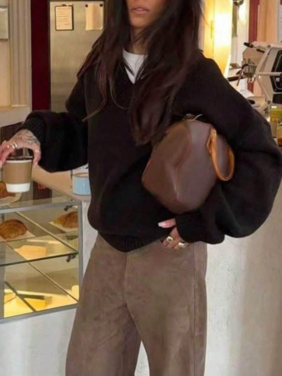 女款新款V領長袖針織毛衣,休閒日常學院風,秋冬款 - 棕色 - 查看 1