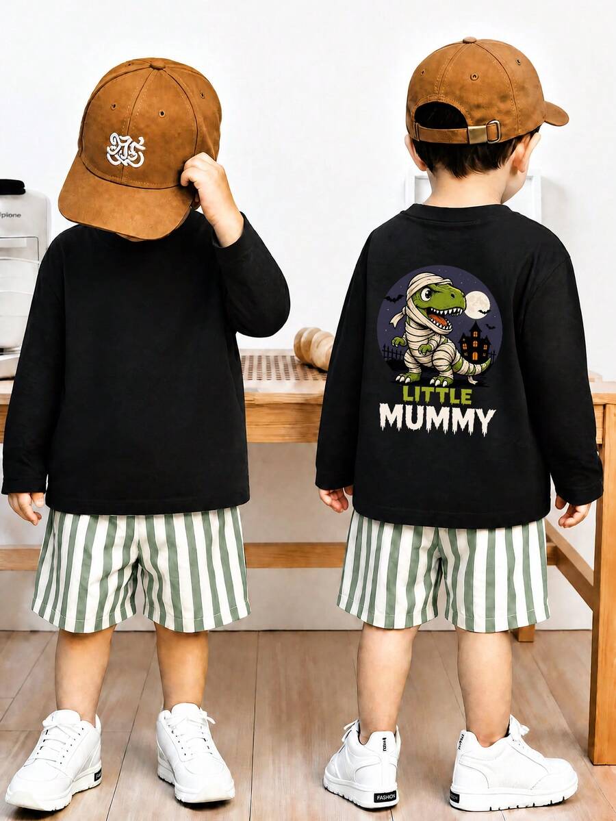 [Halloween] 1pc Boys' Black Long Sleeve Top, Front And Back Mummy Dinosaur Castle Full Moon LITTLE MUMMY Halloween Print, Playful Loose Casual Long Sleeve Shirt - Black - View 1