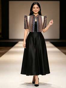 蝴蝶袖 Filipiniana 女款時尚半透明拼接面料立領優雅泡泡袖襯衫，1件裝 - 香檳色 - 查看 3