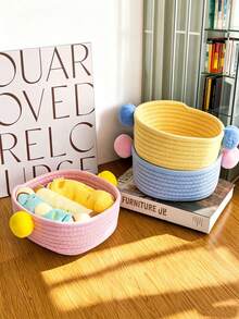 1pc Handmade Cotton Rope Woven Storage Baskets, Soft Texture, Macaron Pastel Color, Braided Weave Pattern, All Season, Minimalist Nordic Style, For Adults, Desktop, Bedroom, Home Tabletop Organizer For Cosmetics, Sundries & Toys - Multicolor - View 6