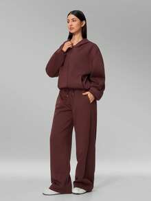 MFVIM Women's Autumn/Winter New Long Sweatshirt + Long Sweatpants 2pcs Sports Casual Versatile Set - Burgundy - View 8
