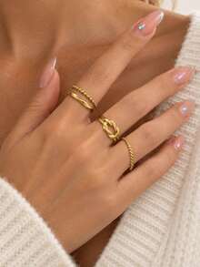 3pcs Women's Minimalist Elegant Knot Open Ring Set, Daily Commute Fashion Accessory - Gold - View 3