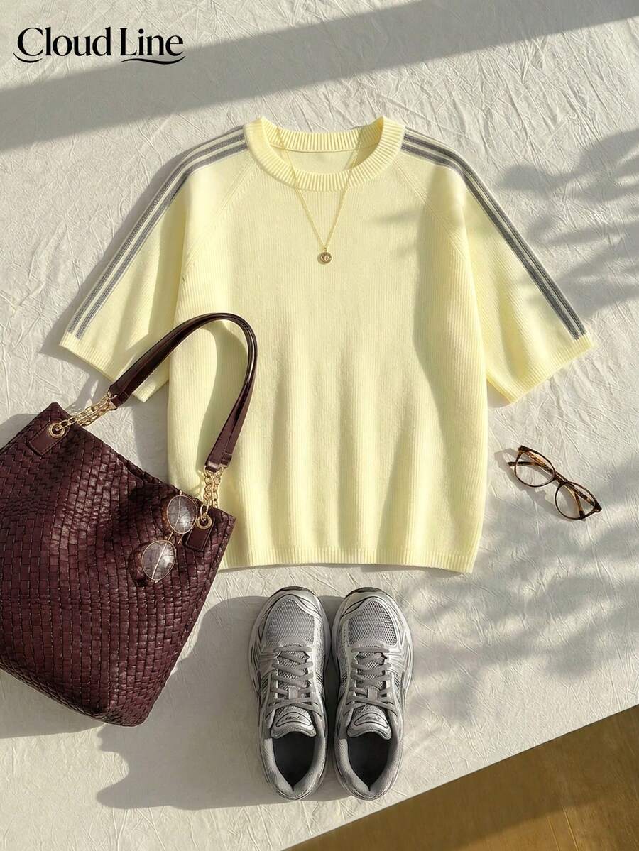 Plus Size Fall Winter Striped Raglan Sleeve Sweater, Crew‑Neck 3/4 Sleeve Loose Fit Daily Commuter Knit Top For Curvy Ladies - Pale Yellow - View 1
