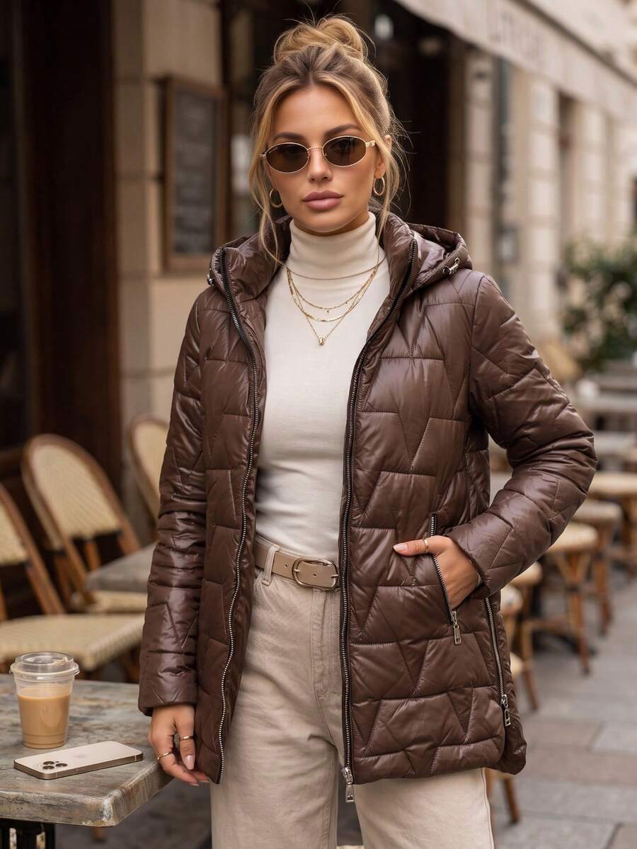 Women's Quilted Jacket Detachable Hood Zip Front Side Pockets Mid-Thigh Straight Fit - Brown - View 1