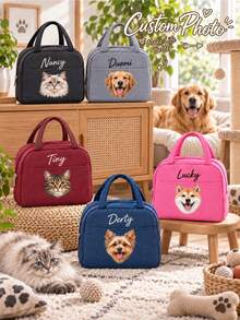 Personalized Pet Photo And Name Lunch Bag/Lunch Box, Custom Corduroy Lunch Box (Customizable Name), Suitable For Work, Travel And School. Suitable For Lunch Tote Bag, Back To School Gift - Multicolor - View 2