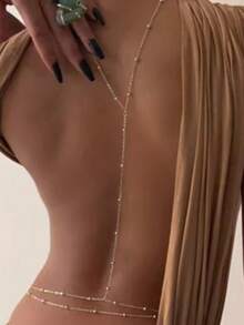 1pc Minimalist Golden Layered Y-Necklace, Elegant Beaded Backdrop Chain, Sophisticated Accessory For Evening Gowns And Formal Occasions - Gold - View 2