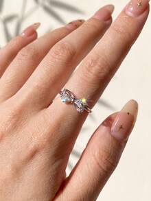 1 pieza Anillo elegante con lazo de circonita cúbica talla S, regalo de joyería para mujer, regalo de cumpleaños, regalo para fiesta, regalo del Día de San Valentín - anillo de arco - Ver 3