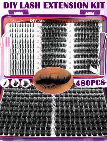 480pcs D Curl, Dense Voluminous False Lash Kit, Fales Eyelash Clusters, DlY Eyelash Extension Kit, Soft & Comfortable, With Bond And Seal, Tweezers, Brush, Wispy Soft Daily Cluster Lashes Self Use - Black - View 3