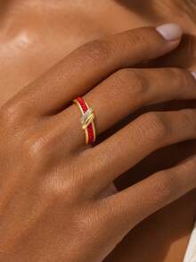 1PC Exquisite Festive Red String Cubic Zirconia Open Ring, Suitable For Women's Daily, Holiday, Party, Gift. - Gold - View 3