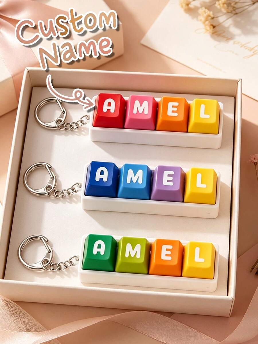 Personalized Name Push-Button Keychain–Custom Name Keychain With Mechanical Keyboard Switch Fidget Charm (Includes Keycap) – Satisfying Tactile Click - Multicolor - View 1