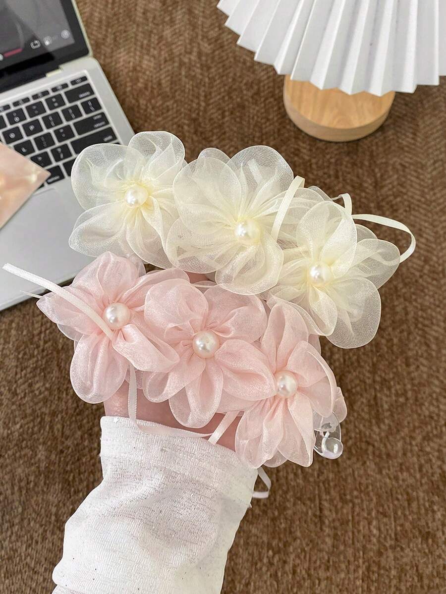 1/2PCS Elegant Mesh Flower Banana Clip Fashion Faux Pearl Ribbon Ponytail Hair Clip Versatile Hair Accessory For Women