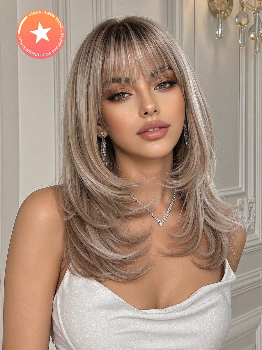 FIVE STARS 16 Inch Gray-Brown Gradient Blonde Layered Shoulder Length Full Bangs Synthetic Fiber Rose Cap, Comfortable Full Head Wear, Suitable For Halloween, Thanksgiving, Christmas, New Year Party, Cosplay, Holiday Costume Accessory - Multicolor - View 1
