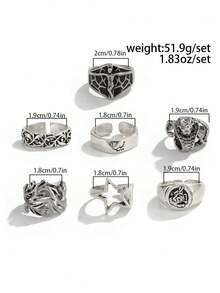 7pcs Vintage Gothic Style Ring Set, Silver Embossed Carved Rings, Punk Streetwear Stackable Finger Rings, European & American Men's Jewelry - Antique Silver - View 6