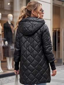 Women's Long Quilted Hooded Jacket Zip Front Diamond Stitch Ribbed Cuffs Regular Fit - Black - View 3