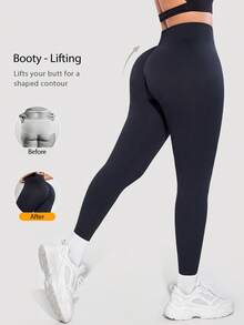 1pc Women's Seamless Butt-Lifting Shaping Workout Leggings, Suitable For Gym Exercise And Daily Wear - Black - View 2