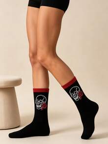 1 Pair Halloween Black & Red Colorblock Skull Rose Mid-Calf Socks For Men Women Couples - Black - View 9