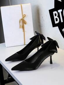 BIGTREE European & American Style Banquet Satin Bow Pointed Toe Low Vamp High Heel Pumps For Women - Black - View 5