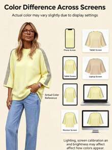 Plus Size Fall Winter Striped Raglan Sleeve Sweater, Crew‑Neck 3/4 Sleeve Loose Fit Daily Commuter Knit Top For Curvy Ladies - Pale Yellow - View 6