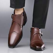 Men's Brogue Ankle Boots Pointed Toe Metal Buckle Decor Side Zipper Faux Leather Dress Ankle Boots With Buckle Plus Size 48 - Brown - View 11