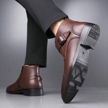 Men's Brogue Ankle Boots Pointed Toe Metal Buckle Decor Side Zipper Faux Leather Dress Ankle Boots With Buckle Plus Size 48 - Brown - View 3