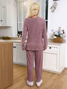 Fashion Women's Lace Trim Patchwork, Faux Placket, Black Bow Contrast Deep V-Neck, 12*4 Wide Ribbed Long Pants, Long Sleeve, Pajamas, Loungewear Set - Pink - View 2