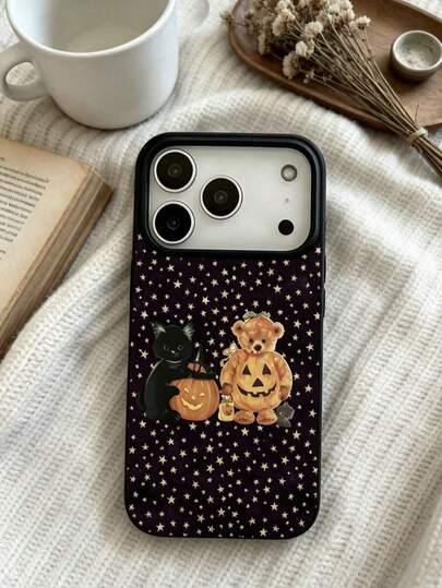 1 Piece Black TPU Phone Case With Straight Edge, Custom Star Pattern, Halloween Pumpkin, Cat And Bear, Anti-Fall, Compatible With Iphone 16 Pro Max/16/16 Pro/16 Plus/15/15 Pro Max/15 Pro/11/12/13/14 Pro Max/11 Pro/11 Pro Max/12 Pro/12 Pro Max/13 Pro/13 Pro Max/14 Pro/14 Pro Max, Premium Quality Soft Case ﻿