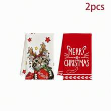 2/4/6 pcs Serbet Dapur Natal Motif Kucing, Set Handuk Dapur Natal - MultiWarna - View 8