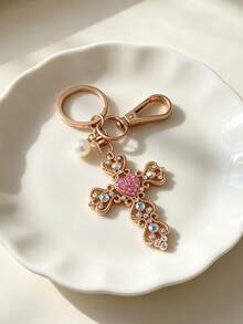 1pc Luxury Exquisite Rhinestone Heart Cross Car Keychain, Metal Cute Pearl Unisex Couple Bag Pendant Key Chain Ring Fashion Small Gift Design Bag Accessory - Multicolor - View 7