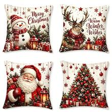 4pcs Vintage Christmas Pillow Covers, Snowman, Reindeer, Santa Claus, Exquisite Christmas Tree Gift Print Pattern, Clear 2D Printing Process, 45*45cm (18*18in), Soft Comfortable Polyester Cushion Covers, Zipper Closure, Machine Washable, Suitable For Living Room, Bedroom, Winter Holiday Home Decor (Pillow Covers Only, Pillow Insert Not Included) - Multicolor - View 3
