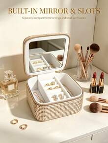 Dior Portable Jewelry Storage Box With Mirror Velvet Lining Woven Mini Jewelry Organizer Travel Carry Ring Earring Necklace Jewelry Box Makeup Storage Cosmetic Case - Gold Storage Box - View 7