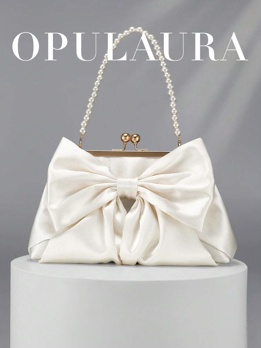 OpulAura 女款精緻迷人蝴蝶結裝飾晚宴手拿包 低調奢華仿珍珠設計 手提包 適合婚禮/度假/正式派對/舞會場合 含鍊條 - 白色 - 查看 1